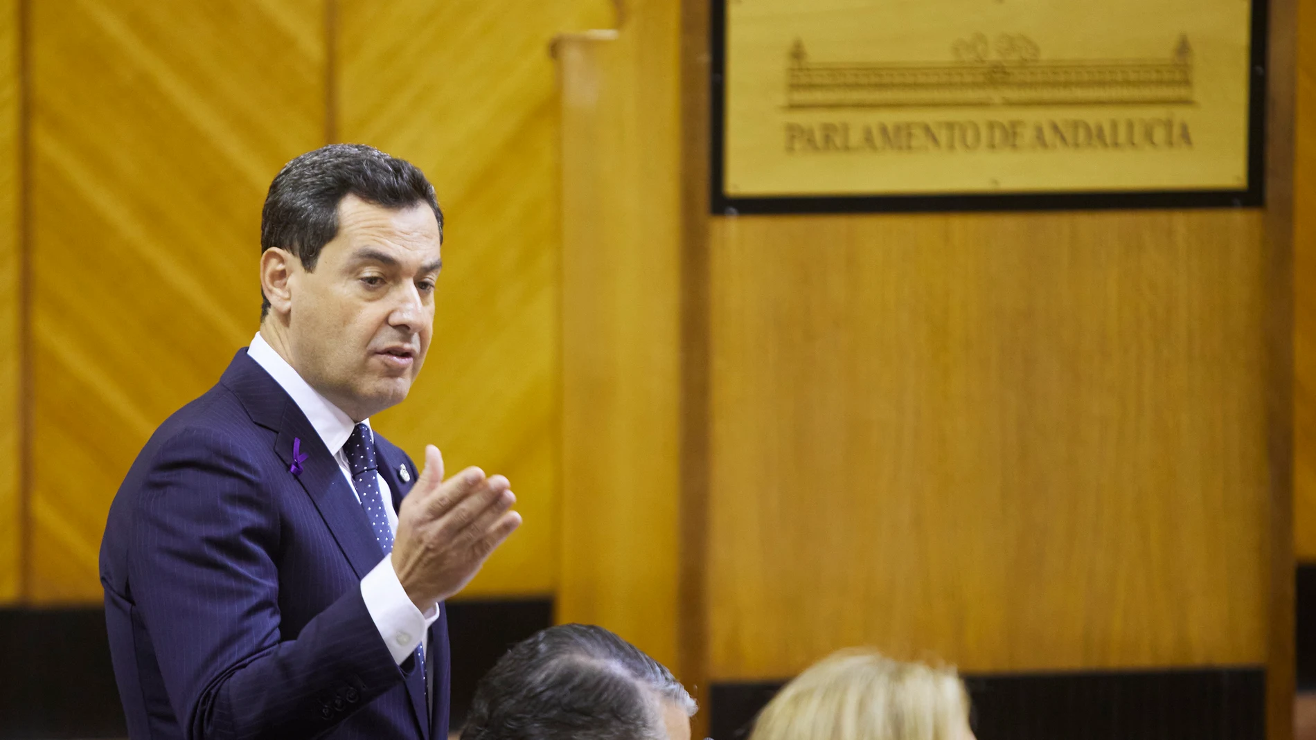 El presidente de la Junta de Andalucía, Juanma Moreno, durante la sesión plenaria de hoy