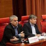 El director de Catalunya Ràdio Jordi Borda, el de TV3 Sigfrid Gras y la presidenta de la CCMA Rosa Romà en el Parlament