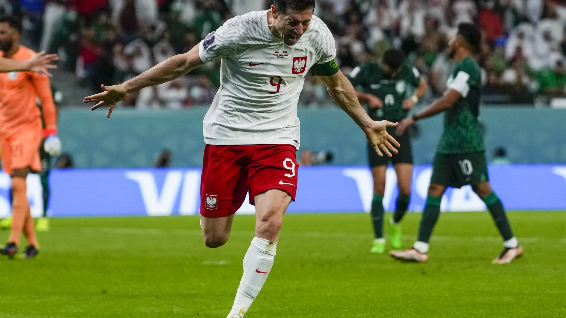 Robert Lewandowski celebra con rabia su primer gol en un Mundial