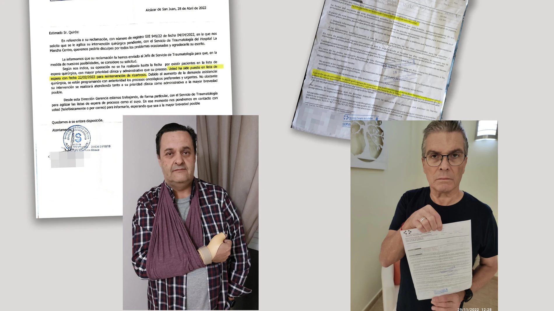 El manchego Francisco Javier Quirós y el tinerfeño Juan Ramón González muestran a LA RAZÓN los documentos donde se fecha su entrada en la lista de espera quirúrgica