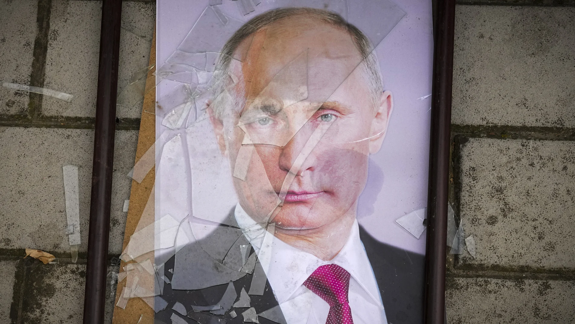 Un retrato roto de Vladimir Putin yace en el suelo cerca de la ciudad de Jersón (Ucrania)