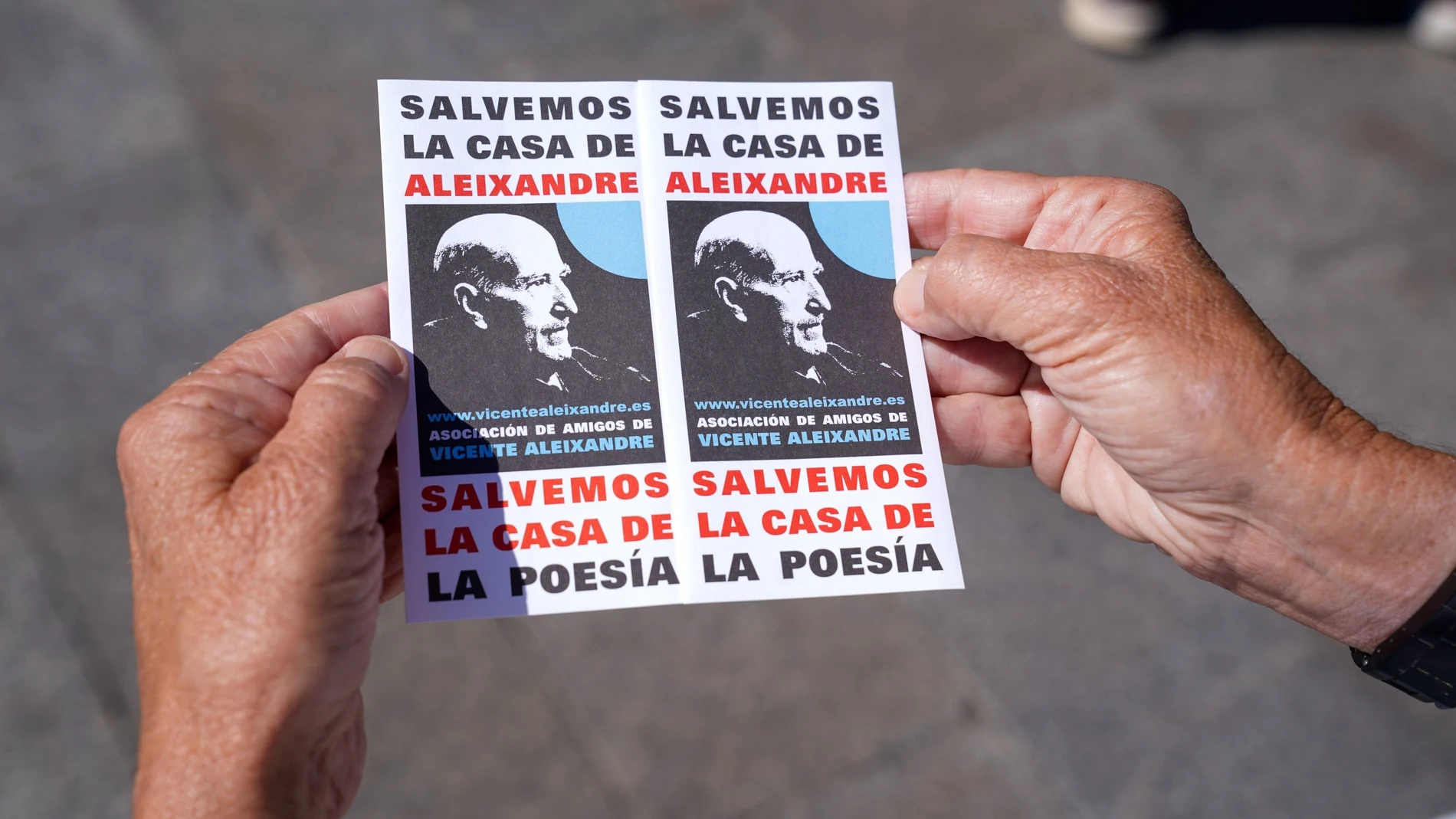 Un cartel en el que se lee: "Salvemos la casa de Aleixandre, salvemos la casa de la poesía", durante una manifestación por la protección y salvaguarda de la casa del poeta Vicente Aleixandre, en la Puerta del Sol de Madrid.