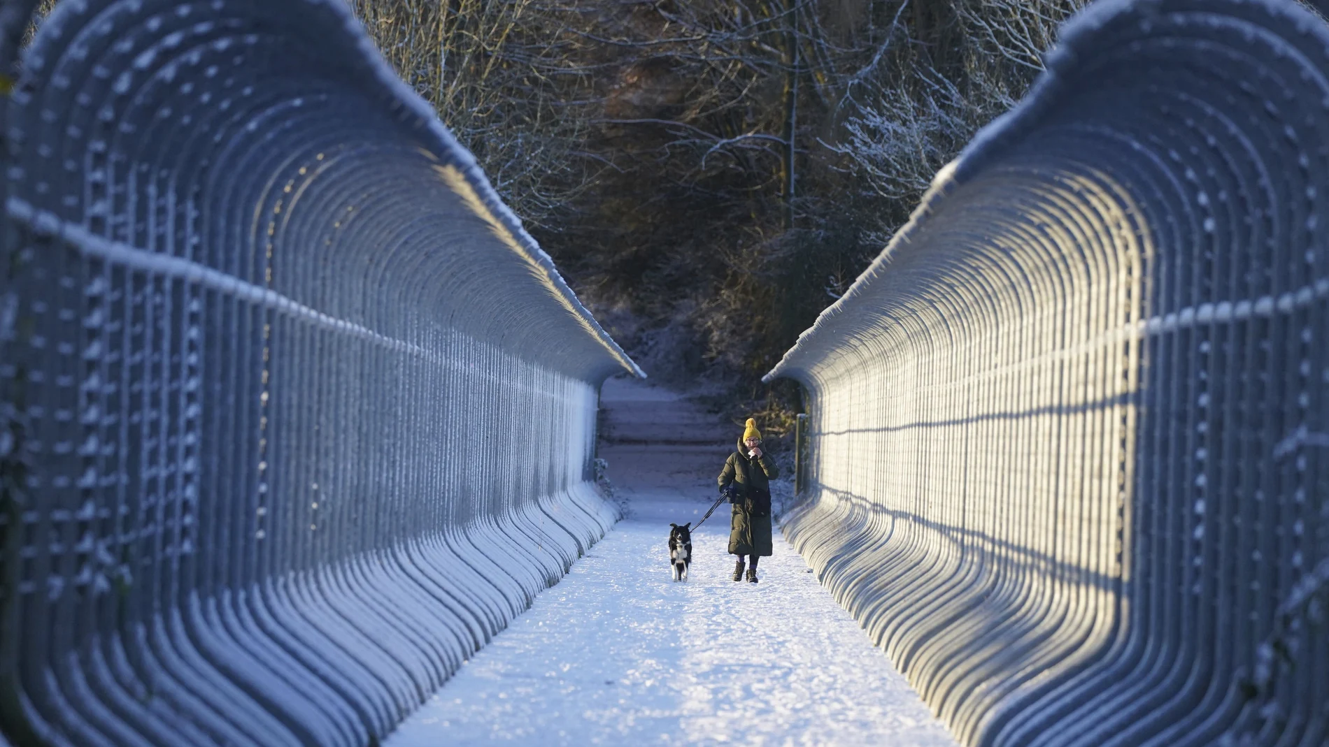 Una mujer pasea a su perro en Durham, Reino Unido, cubierto de nieve