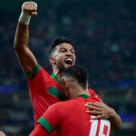 La celebración del gol de Marruecos