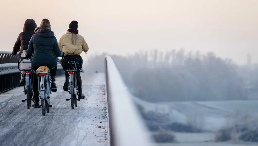 Ciclistas circulan por un paraje helado en un puente sobre el Rin | Fuente: EFE