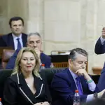 El presidente de la Junta de Andalucía, Juanma Moreno, durante una intervención en la sesión de control al Gobierno en el pleno del Parlamento andaluz