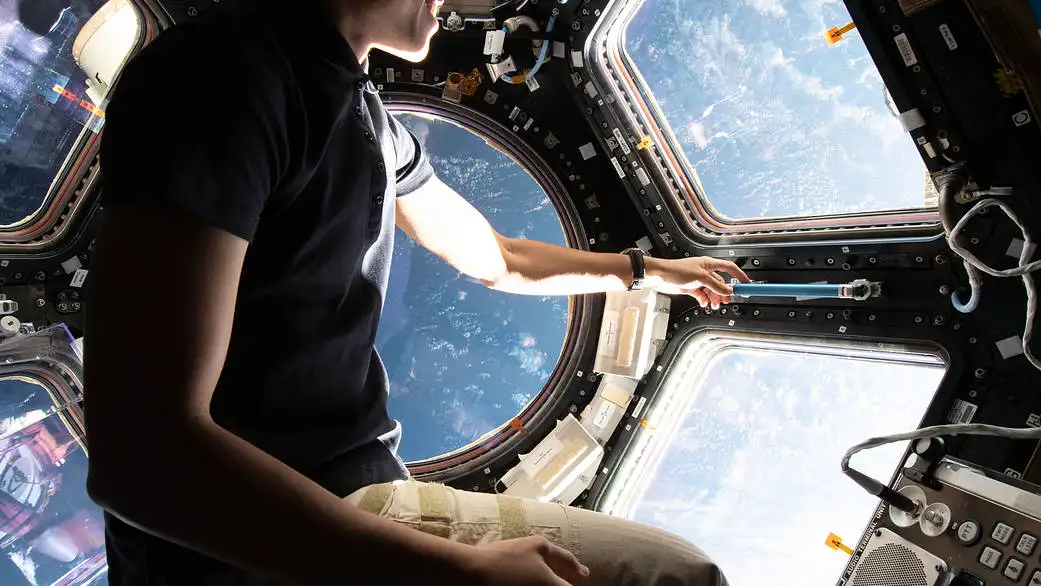 La astronauta de la NASA e ingeniera de vuelo de la Expedición 67 Jessica Watkins disfruta de la vista de la Tierra desde el interior de la cúpula de siete ventanas de la Estación Espacial Internacional. (Fotografía de la NASA editada por Mark García)