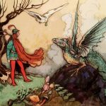 Dibujo simulando una escena medieval con un dragón frente a un hombre, su perro, un búho nival.
