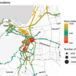 Las zonas más frecuentemente visitadas en Ciudad del Cabo durante los cinco años años anteriores a conocerse por Channon (amarillo), Dan (rojo) y ambos (azul).
