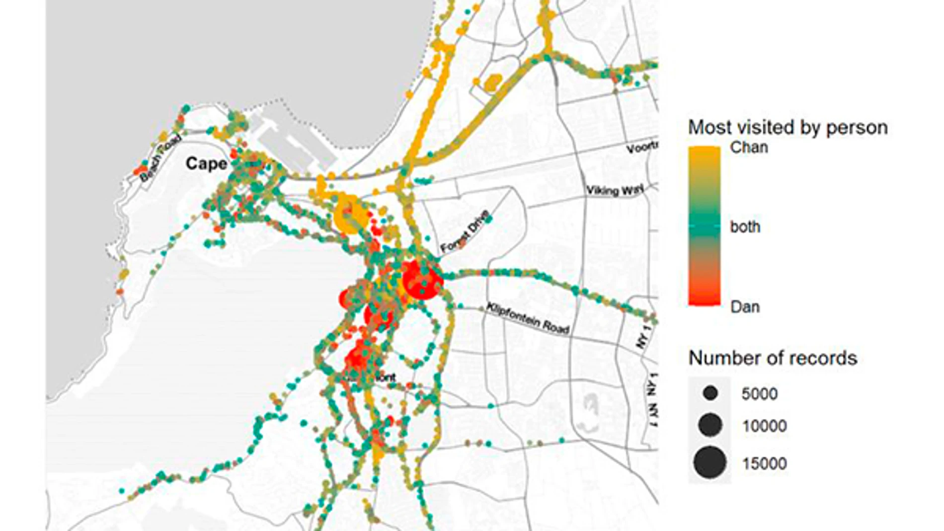 Las zonas más frecuentemente visitadas en Ciudad del Cabo durante los cinco años años anteriores a conocerse por Channon (amarillo), Dan (rojo) y ambos (azul).