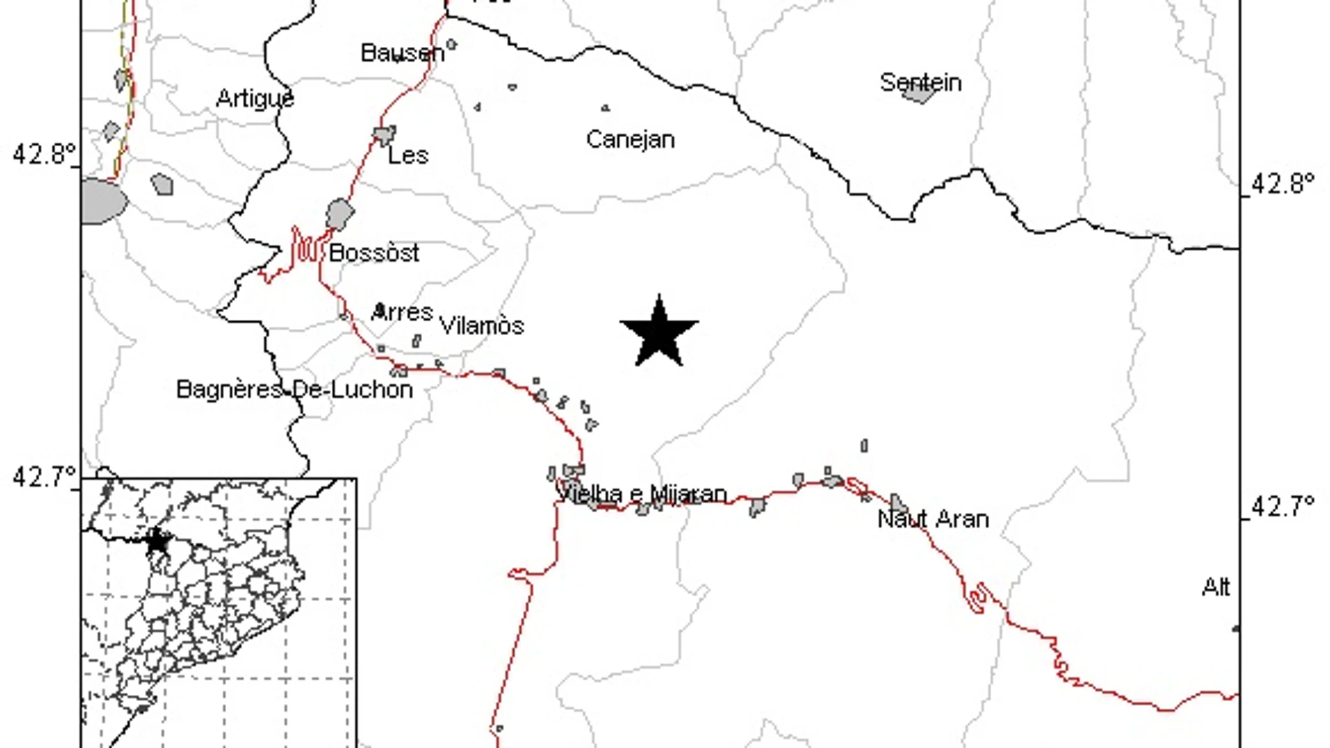 Mapa de la zona del sismo de magnitud 2,4 que ha sacudido este miércoles la Vall d'Aran (Lleida)PROTECCIÓ CIVIL