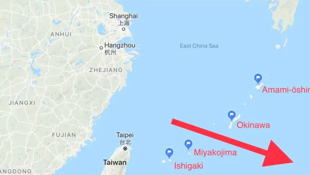 Trayecto de los drones chinos en el Mar Oriental de China a través de las islas japonesas