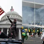 Combo de fotografías que muestra, a la izquierda, a dos manifestantes pro Trump durante la toma del Capitolio el 6 de enero de 2021, en Washington y a la derecha, la toma de hoy por parte de manifestantes Bolsonaristas en la sede del poder de la república de Brasil, en Brasilia