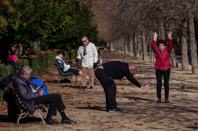 Un grupo de jubilados hace ejercicio en el madrileño parque del Retiro