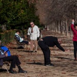 Un grupo de jubilados hace ejercicio en el madrileño parque del Retiro