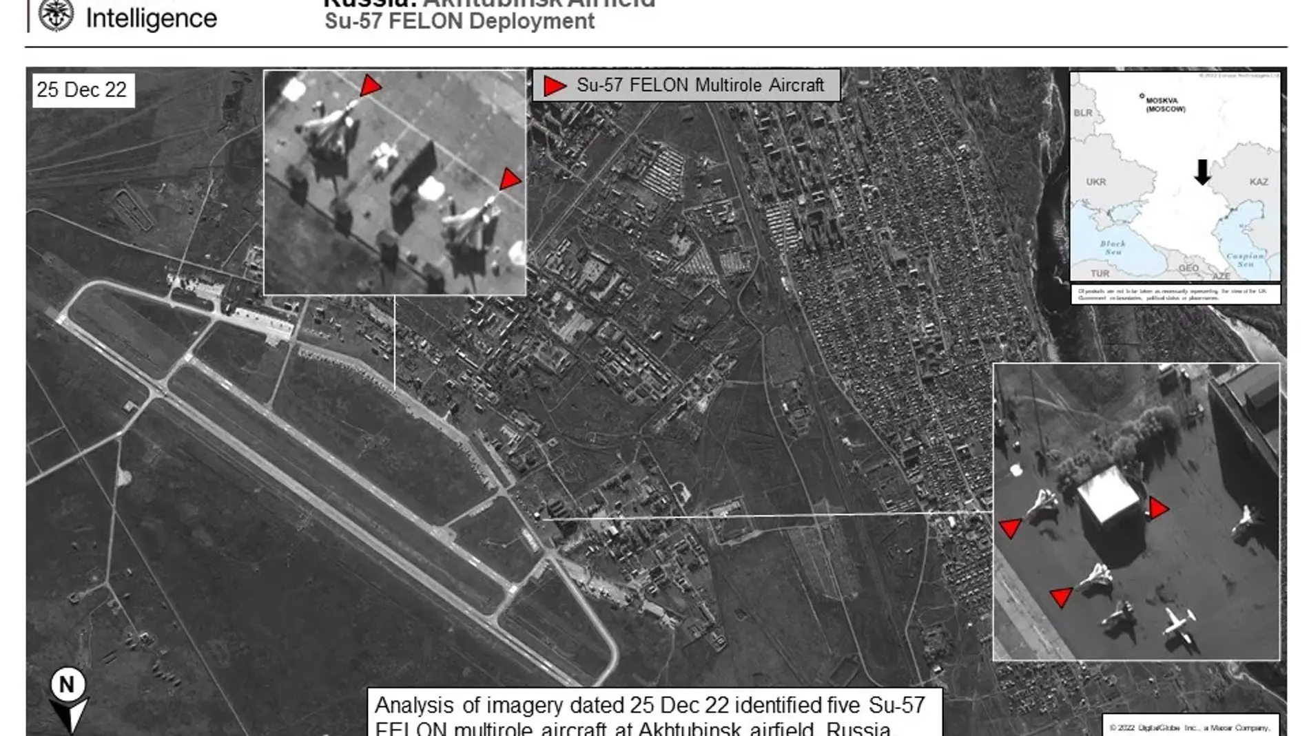 Imagen de satélite de la inteligencia británica del 25 de diciembre que mostraría los Su-57 Felon