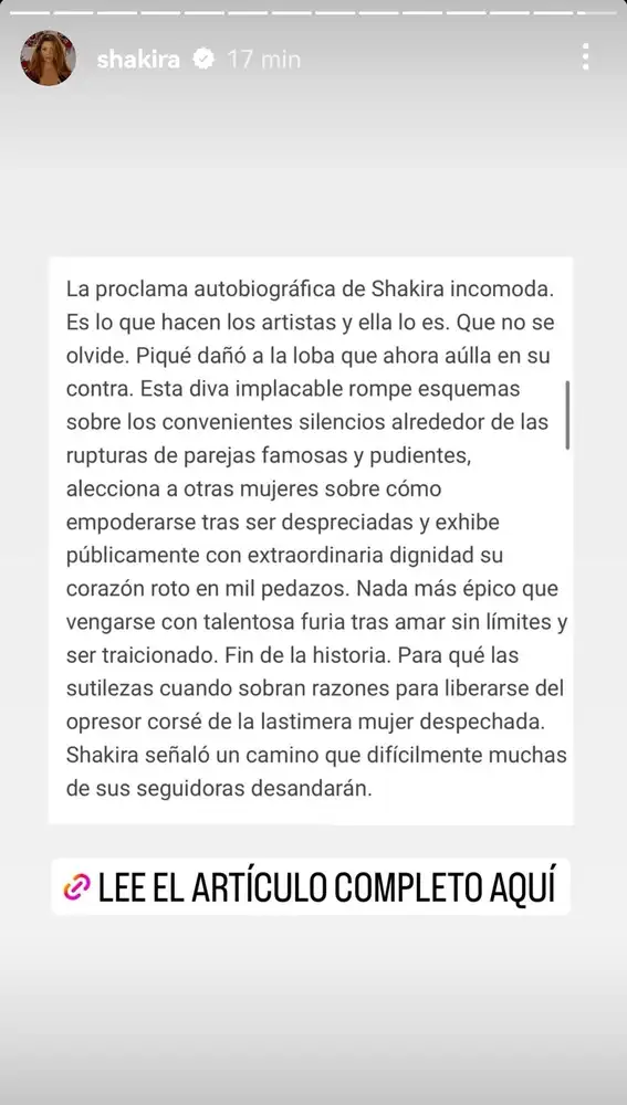 Shakira comparte un artículo que habla de su canción