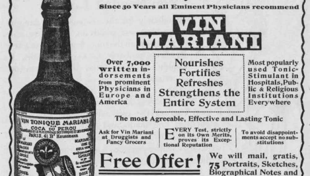 Un anuncio publicitario de los beneficios del Vino Mariani