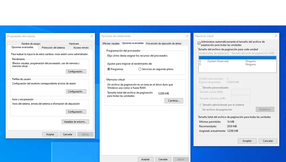 Asegúrate de que Windows está administrando el tamaño del archivo de paginación.