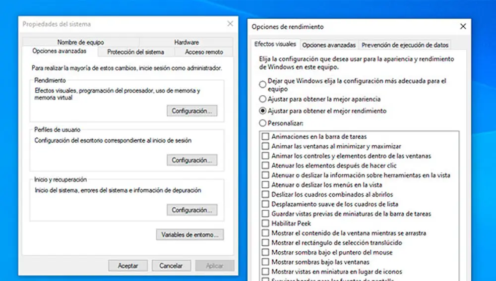 Ajusta el aspecto de Windows para que tenga el mejor rendimiento.