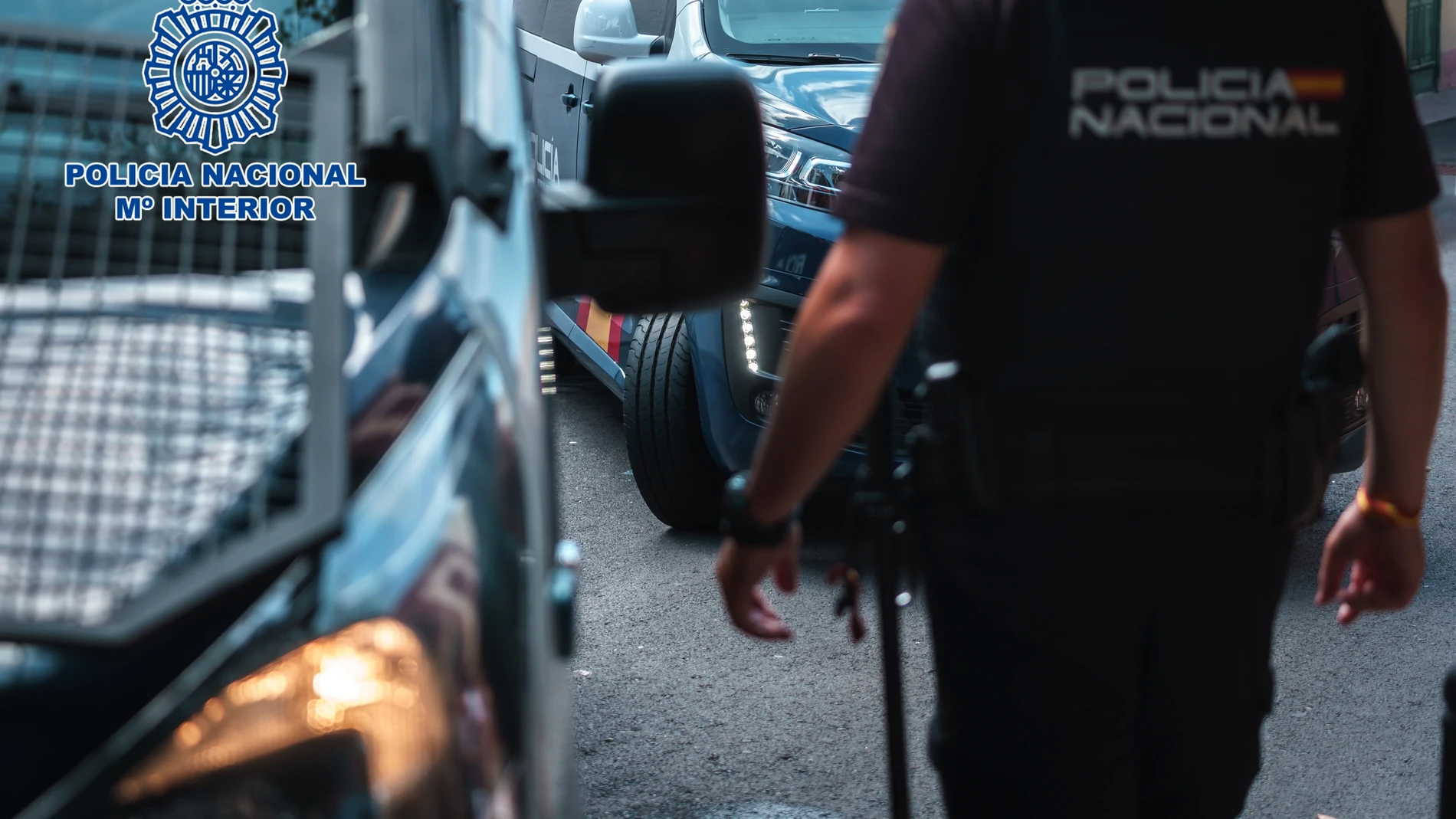 Imagen de archivo de un agente de la Policía Nacional junto a varios vehículos policiales