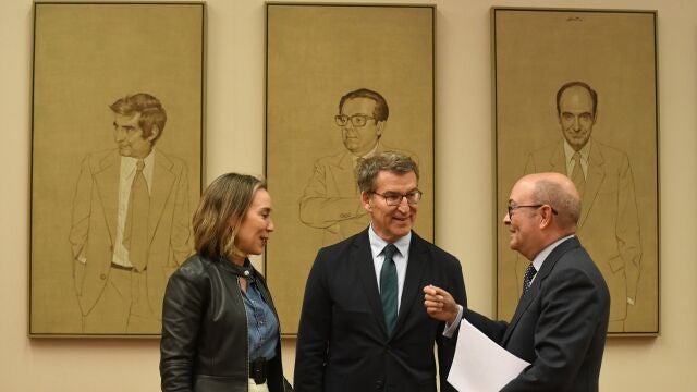 El presidente del Partido Popular, Alberto Núñez Feijóo (c), y la secretaria general del Partido Popular, Cuca Gamarra (i) durante la clausura de la jornada parlamentaria ‘Garantías del Estado de Derecho