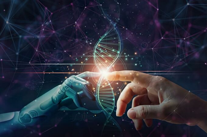 Una mano robótica y una mano humana tocan una hebra de ADN
