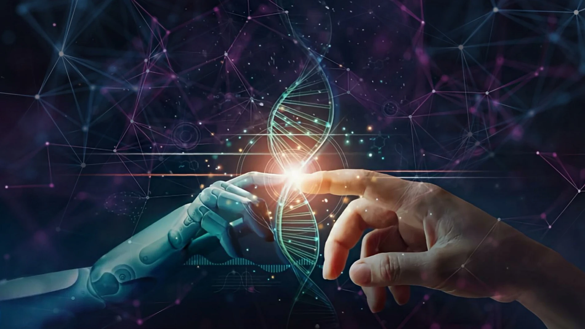 Una mano robótica y una mano humana tocan una hebra de ADN