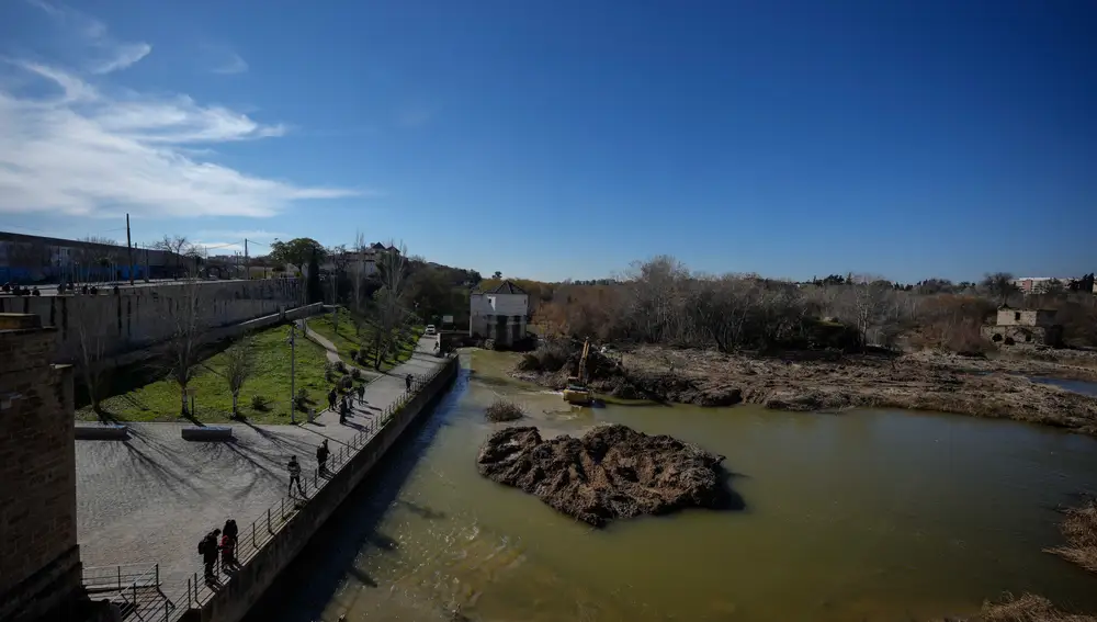 Una excavadora retira este miércoles el islote de sedimentos y residuos en el río Guadalquivir, a la altura de los Sotos de la Albolafia. EFE/Rafa Alcaide