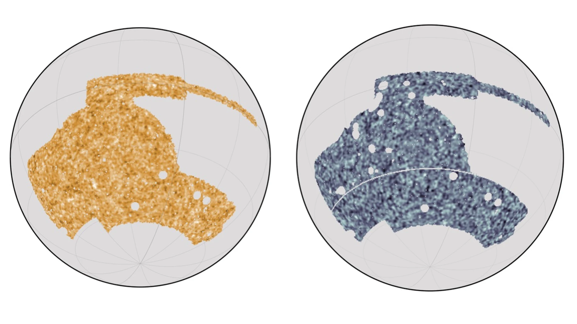 Mapas del cielo desde el telescopio Dark Energy Survey (a la izquierda) y el Telescopio del Polo Sur (a la derecha), la superposición de ambas imágenes les permite crear el mapa de distribución de la materia