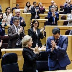 La vicepresidenta segunda y ministra de Trabajo, Yolanda Díaz, aplaude con gesto serio al presidente del Gobierno, Pedro Sánchez