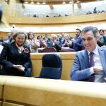 El presidente del Gobierno, Pedro Sánchez junto a la vicepresidenta Nadia Calviño a su llegada al pleno del Senado, este martes en Madrid.