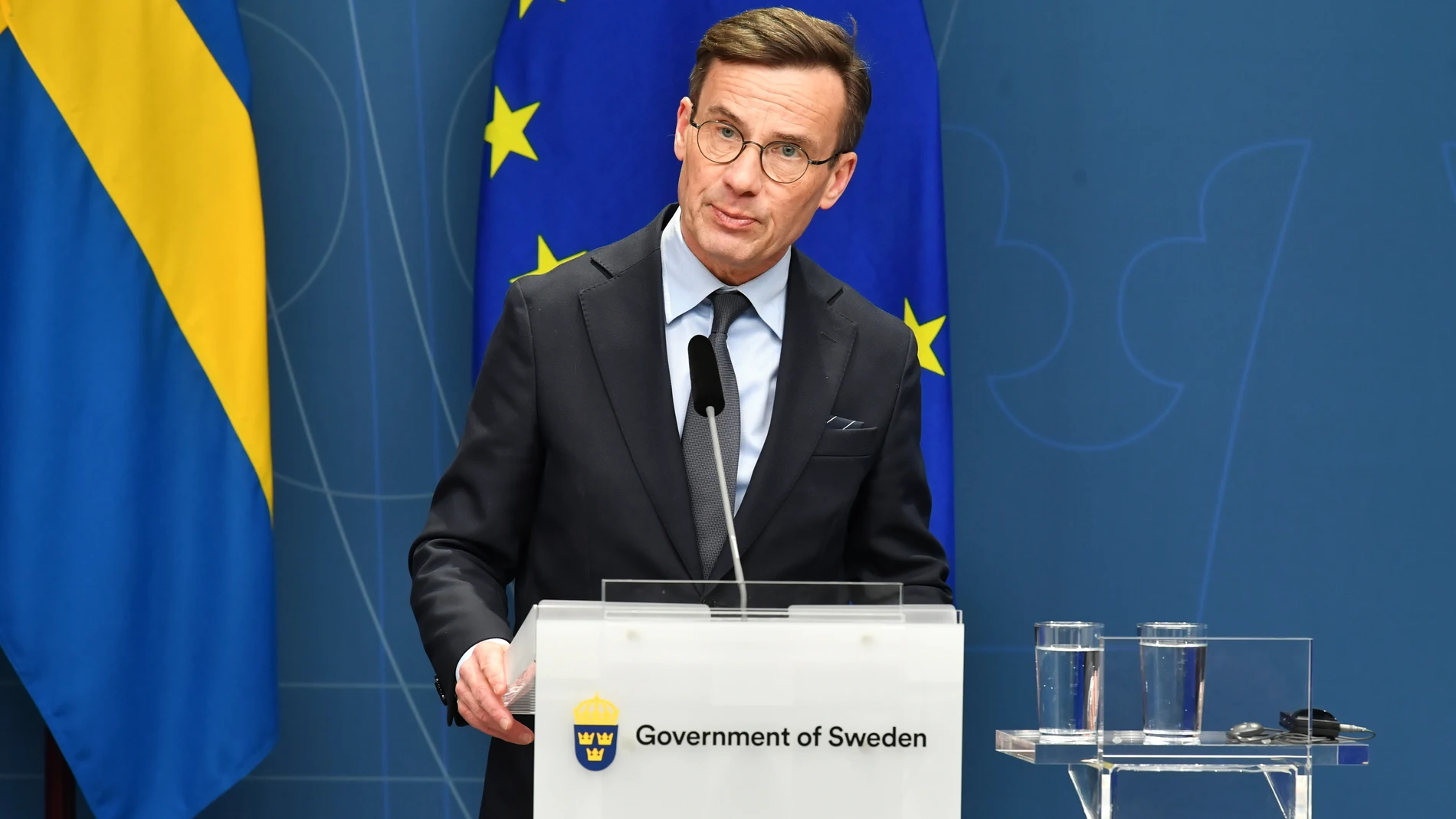 Stockholm (Sweden), 13/02/2023.- Swedish Prime Minister Ulf Kristersson during a press conference with Polish Prime Minister Mateusz Morawiecki after their meeting in Stockholm, Sweden, 13 February 2023. The meeting was focused on security policy and European support for Ukraine. (Polonia, Suecia, Ucrania, Estocolmo) EFE/EPA/ANDRZEJ LANGE POLAND OUT 