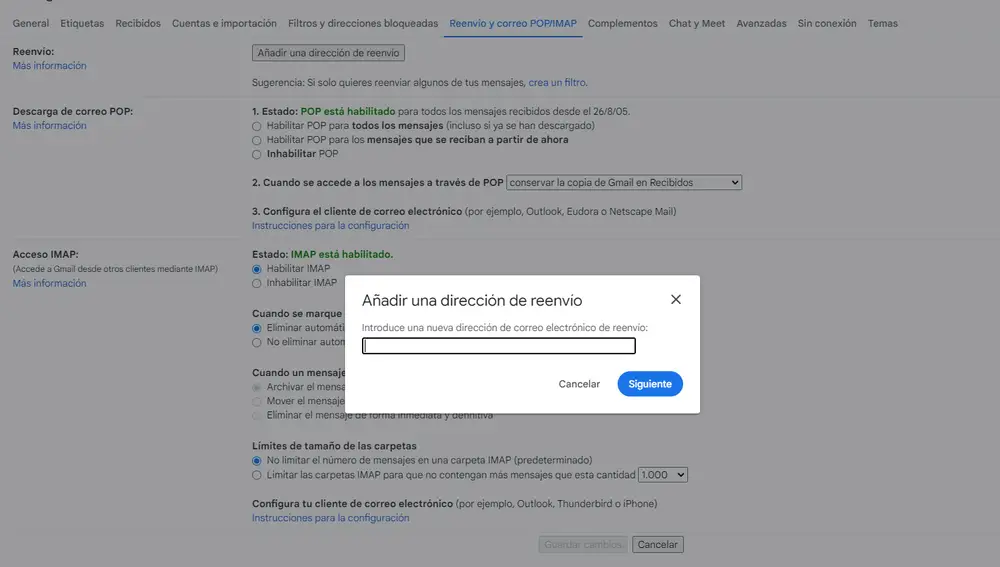 Configurando el reenvío automático del correo a una nueva dirección.