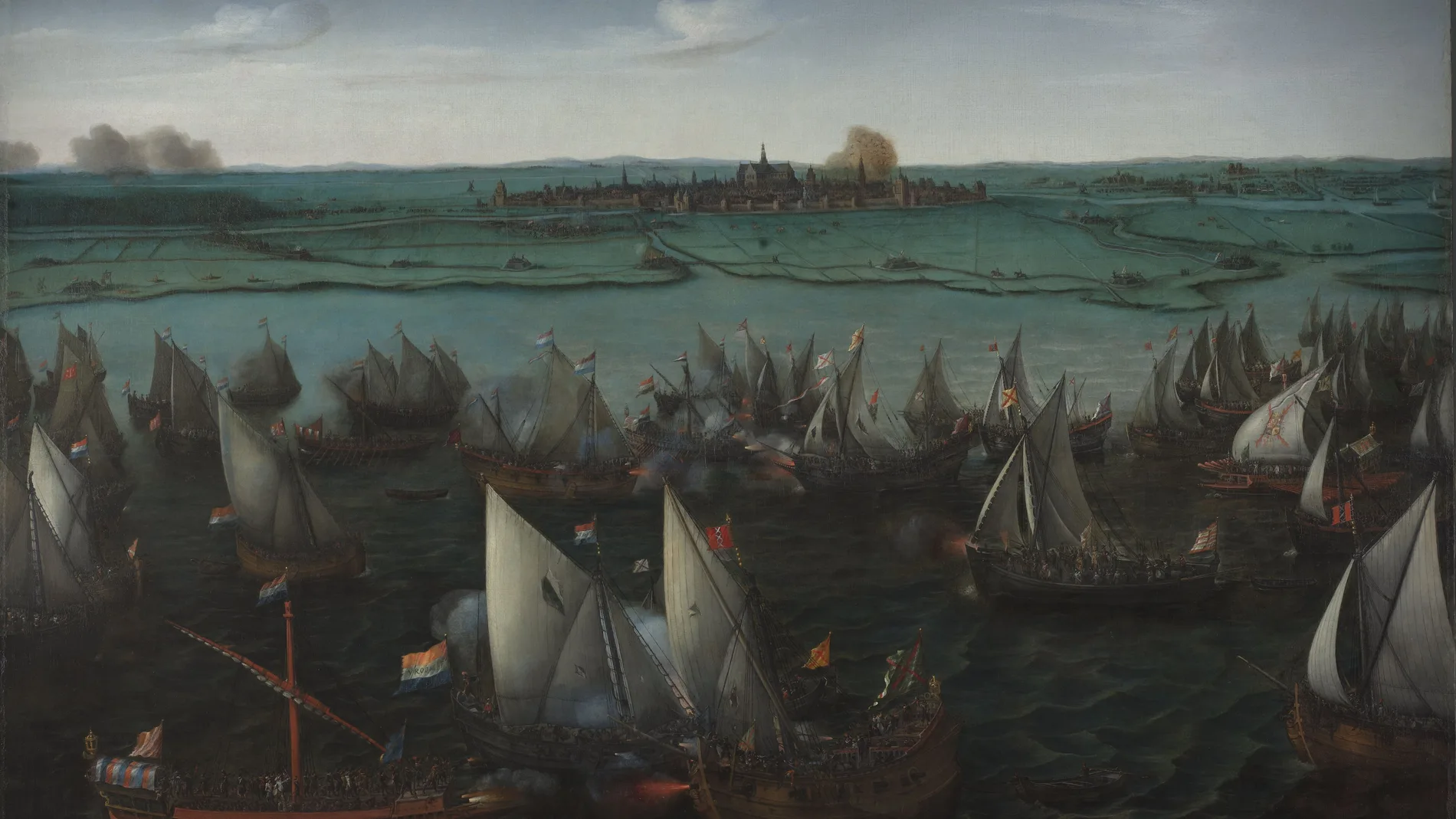 Óleo sobre lienzo de H. Cornelisz Vroom (ca. 1629) que muestra la batalla naval entre las armadas realista y rebelde en el Haarlemmermeer y el asedio a la ciudad de Haarlem al fondo