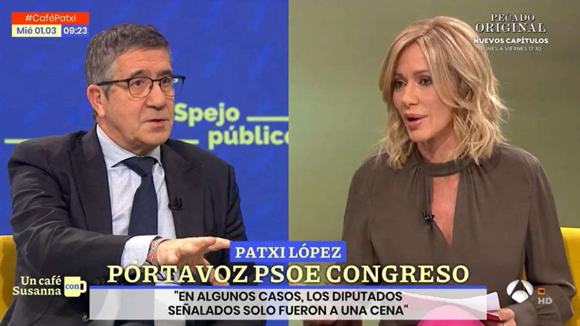 El portavoz del PSOE en el Congreso, Patxi López, durante su entrevista con Susanna Griso en "Espejo Público"