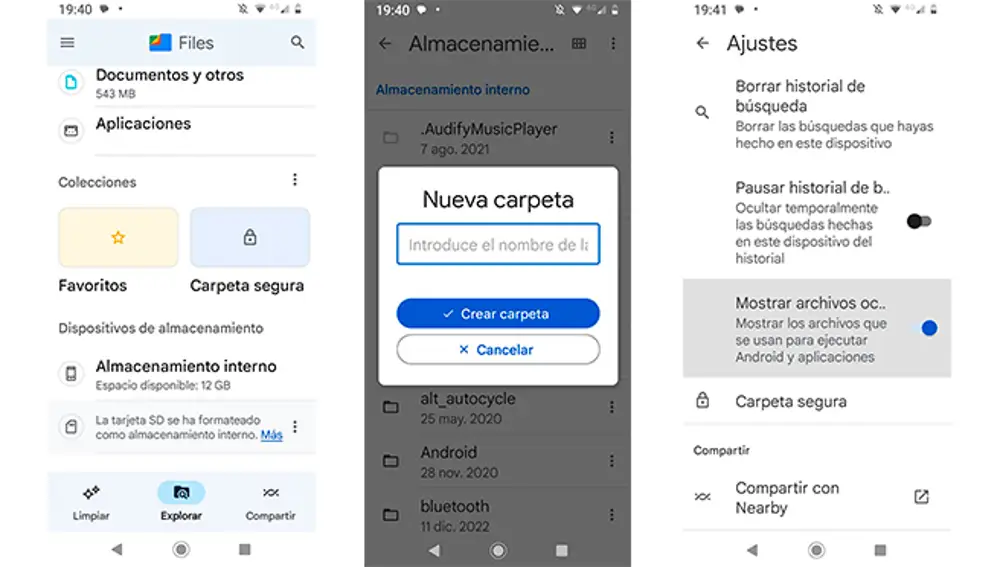 Configurando una nueva carpeta en Files y activando la opción de Mostrar archivos ocultos.