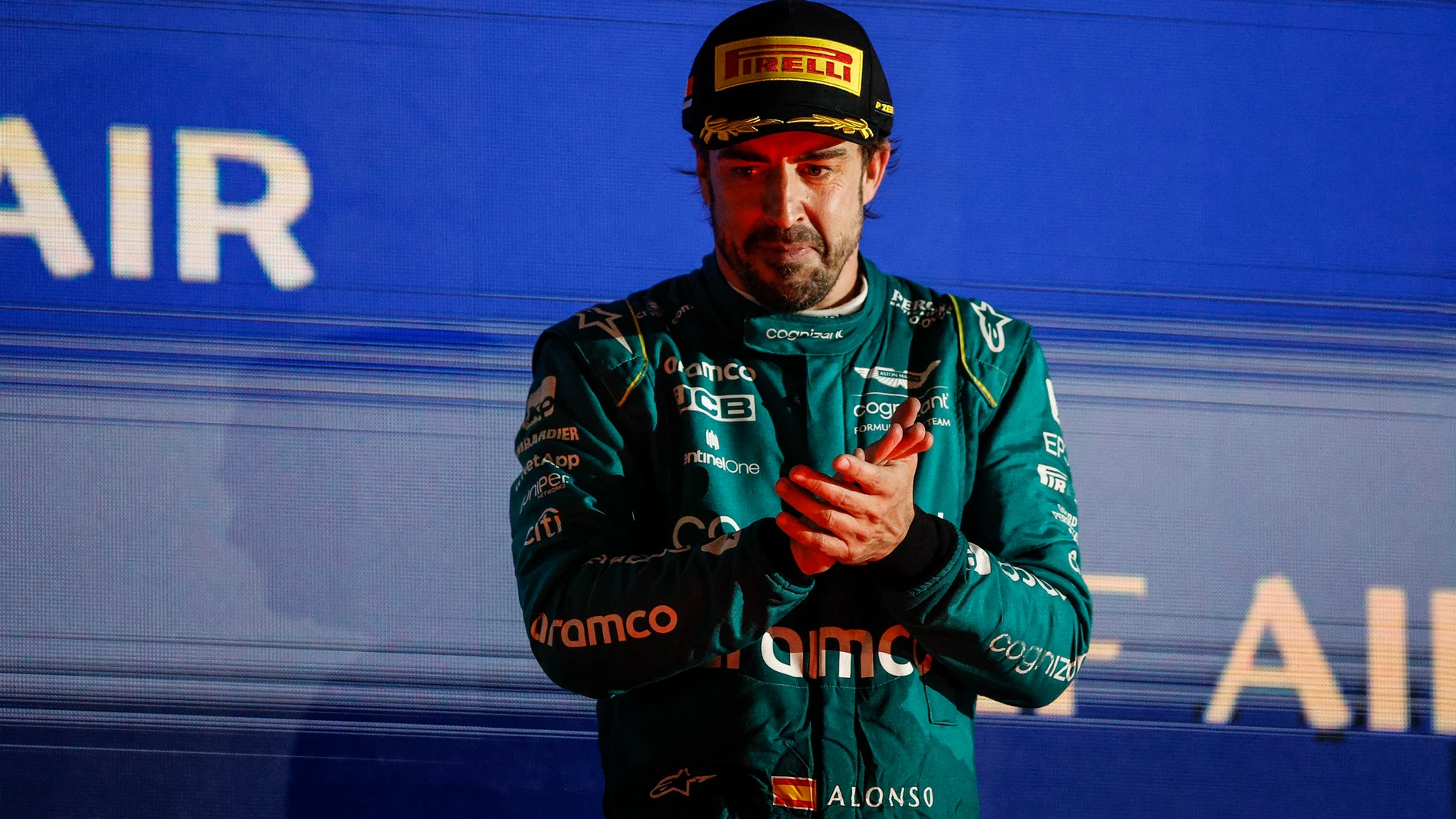 ALONSO Fernando (spa), Aston Martin F1 Team AMR23, portrait at the podium during the Formula 1 Gulf Air Bahrain Grand Prix 2023, 1st round of the 2023 FIA Formula One World Championship from March 2 to 5, 2023 on the Bahrain International Circuit, in Sakhir, Bahrain - Photo Xavi Bonilla / DPPI Xavi Bonilla / Dppi / Afp7 05/03/2023 ONLY FOR USE IN SPAIN
