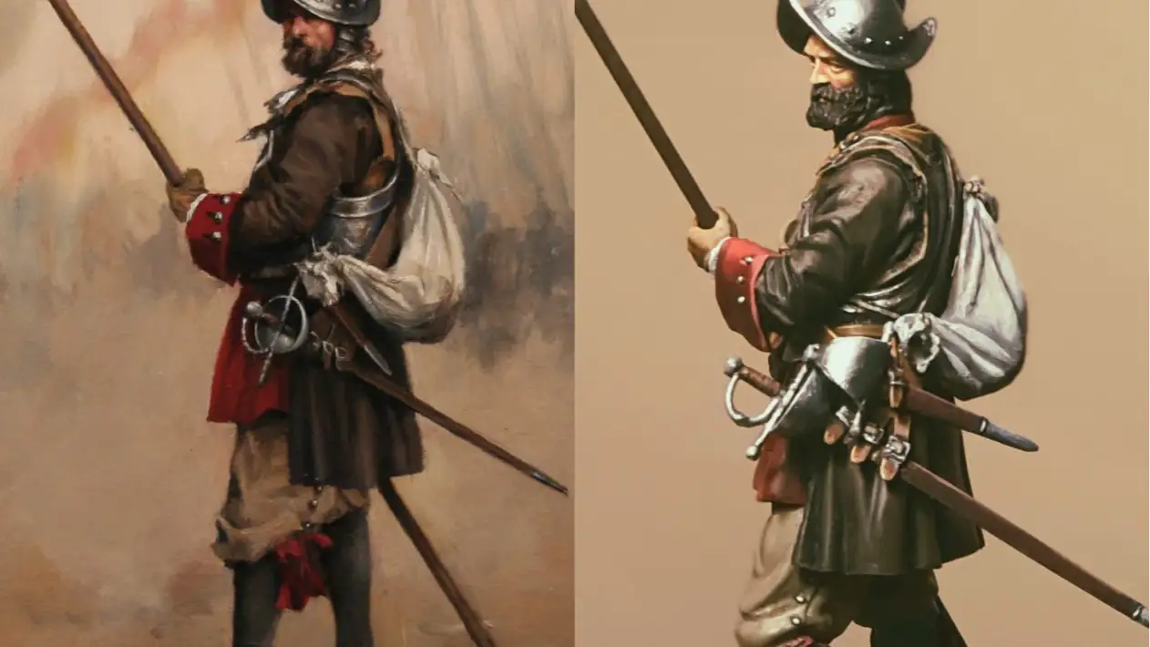 Cuadro del 2º Tercio de Asturias de Ferrer-Dalmau junto a su réplica en miniatura elaborada por Jaime Rull