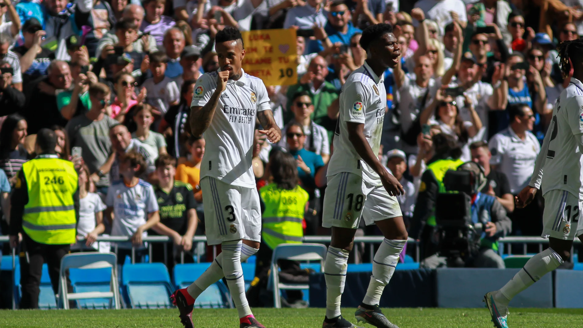 Eder Militao of Real Madrid celebrates a goal during the spanish league, La Liga Santander, football match played between Real Madrid and RCD Espanyol at Santiago Bernabeu stadium on March 11, 2023, in Madrid, Spain.Irina R. Hipolito / Afp7 11/03/2023 ONLY FOR USE IN SPAIN