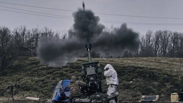 Ukrainian soldiers fire a self-propelled howitzer towards Russian positions near Bakhmut, the site of the heaviest battles, Donetsk region, Ukraine, Tuesday, March 7, 2023.