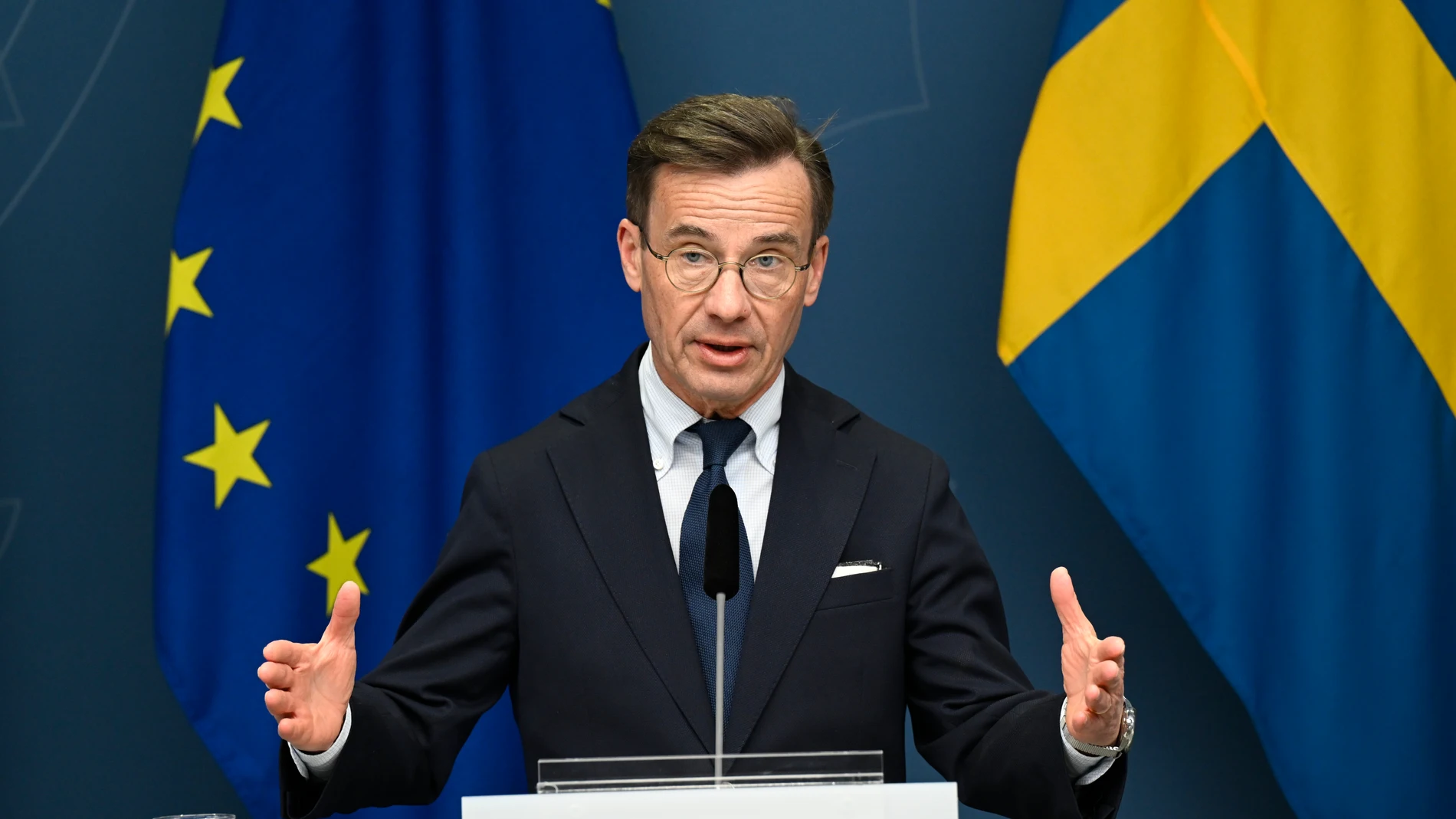 Stockholm (Sweden), 14/03/2023.- Swedish Prime Minister Ulf Kristersson holds a press briefing on the NATO process in Stockholm, Sweden 14 March 2023. (Suecia, Estocolmo) EFE/EPA/Fredrik Sandberg SWEDEN OUT