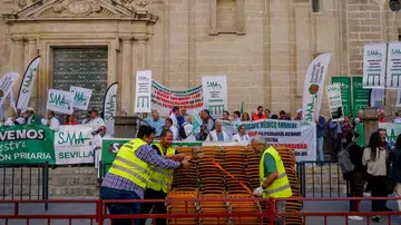 El Sindicato Médico Andaluz protesta a las puertas de San Telmo mientras operarios colocan sillas de Semana Santa