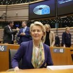 European Commission President Ursula von der Leyen waits for the start of a plenary session at the European Parliament in Brussels, Wednesday, March 29, 2023.