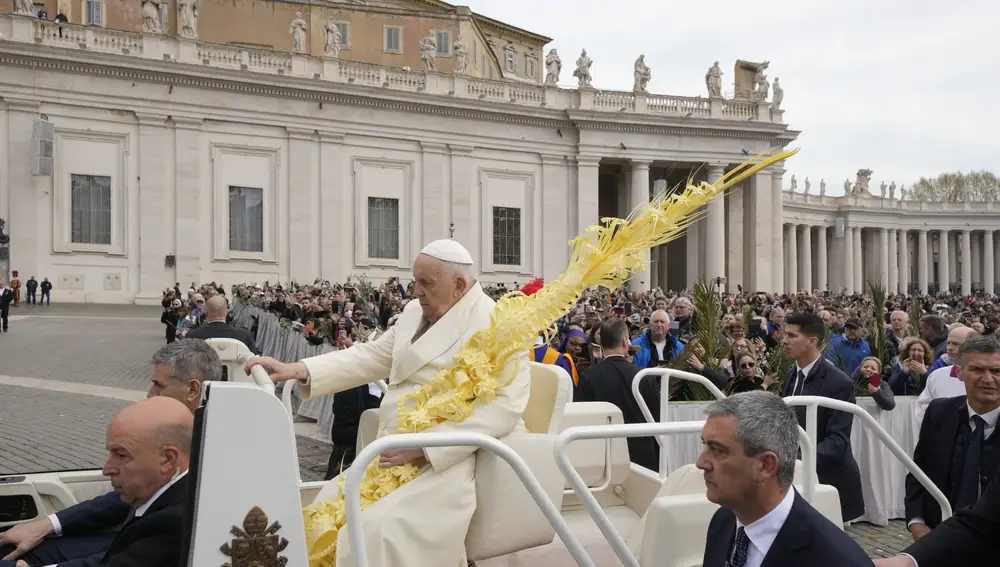 Pope Francis sits on the popemobile on his way to the altar to celebrate the Palm Sunday's mass in St. Peter's Square at The Vatican Sunday, April 2, 2023 a day after being discharged from the Agostino Gemelli University Hospital in Rome, where he has been treated for bronchitis, The Vatican said. The Roman Catholic Church enters Holy Week, retracing the story of the crucifixion of Jesus and his resurrection three days later on Easter Sunday.