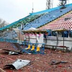 The stands and tracks are seen damaged at the Chernihiv Olympic Sports Training Centre, after the withdrawal of Russian troops from the city of Chernihiv.
