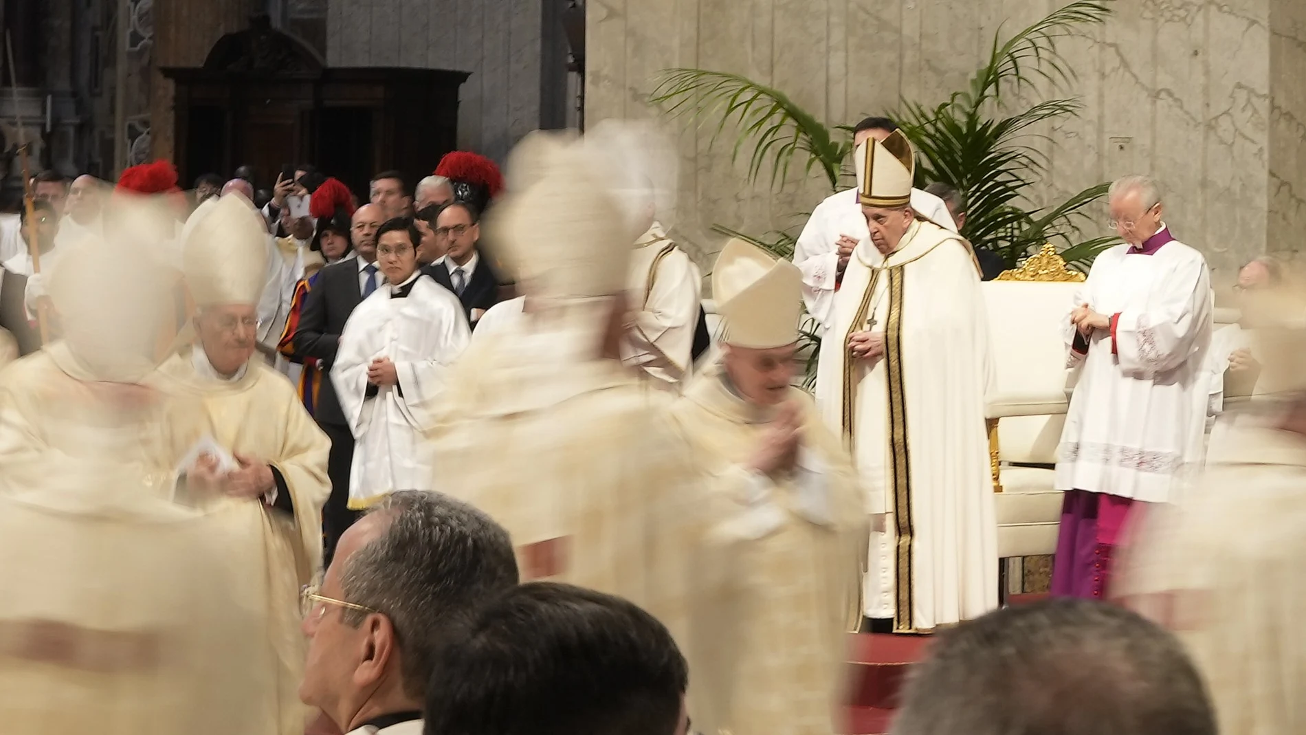 Pope Francis celebrates the Chrism Mass where the chrism, the oil of the catechumens and the oil of the sick are consecrated, and all the priests renew the promises made on the day of their ordination, inside St. Peter's Basilica, at the Vatican, Thursday, April 6, 2023.
