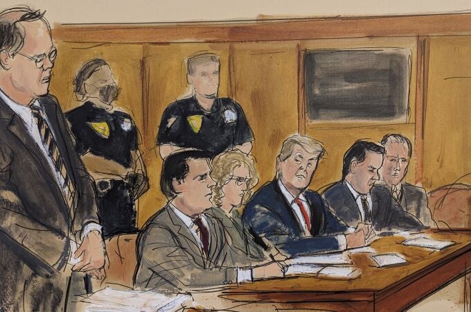 In this courtroom sketch, former President Donald Trump, seated center, watches as Assistant District Attorney Christopher Conroy, left, outlines the case against him during Trump's arraignment in court, Tuesday, April 4, 2023, in New York. Seated, from left, are: defense attorneys Todd Blanche and Susan Necheles, Trump, and defense attorney Joe Tacopina and Boris Epshteyn.