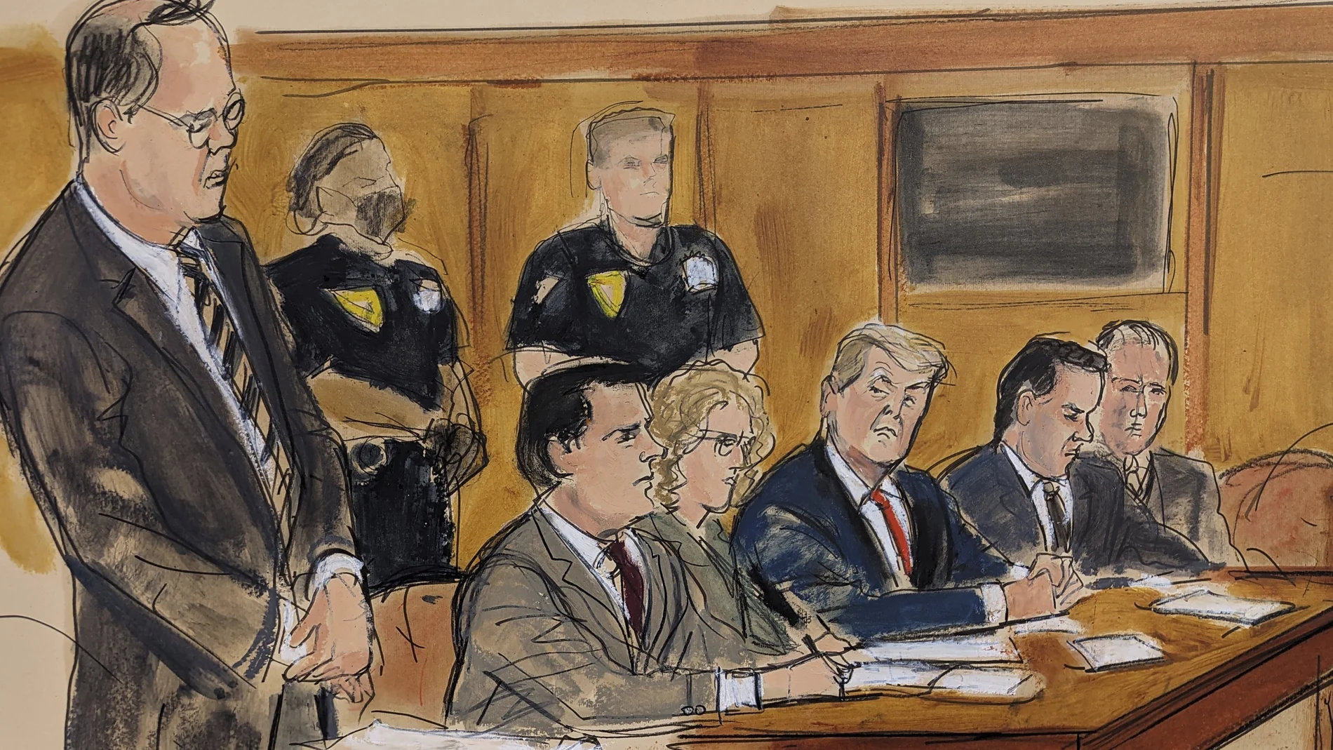 In this courtroom sketch, former President Donald Trump, seated center, watches as Assistant District Attorney Christopher Conroy, left, outlines the case against him during Trump's arraignment in court, Tuesday, April 4, 2023, in New York. Seated, from left, are: defense attorneys Todd Blanche and Susan Necheles, Trump, and defense attorney Joe Tacopina and Boris Epshteyn.