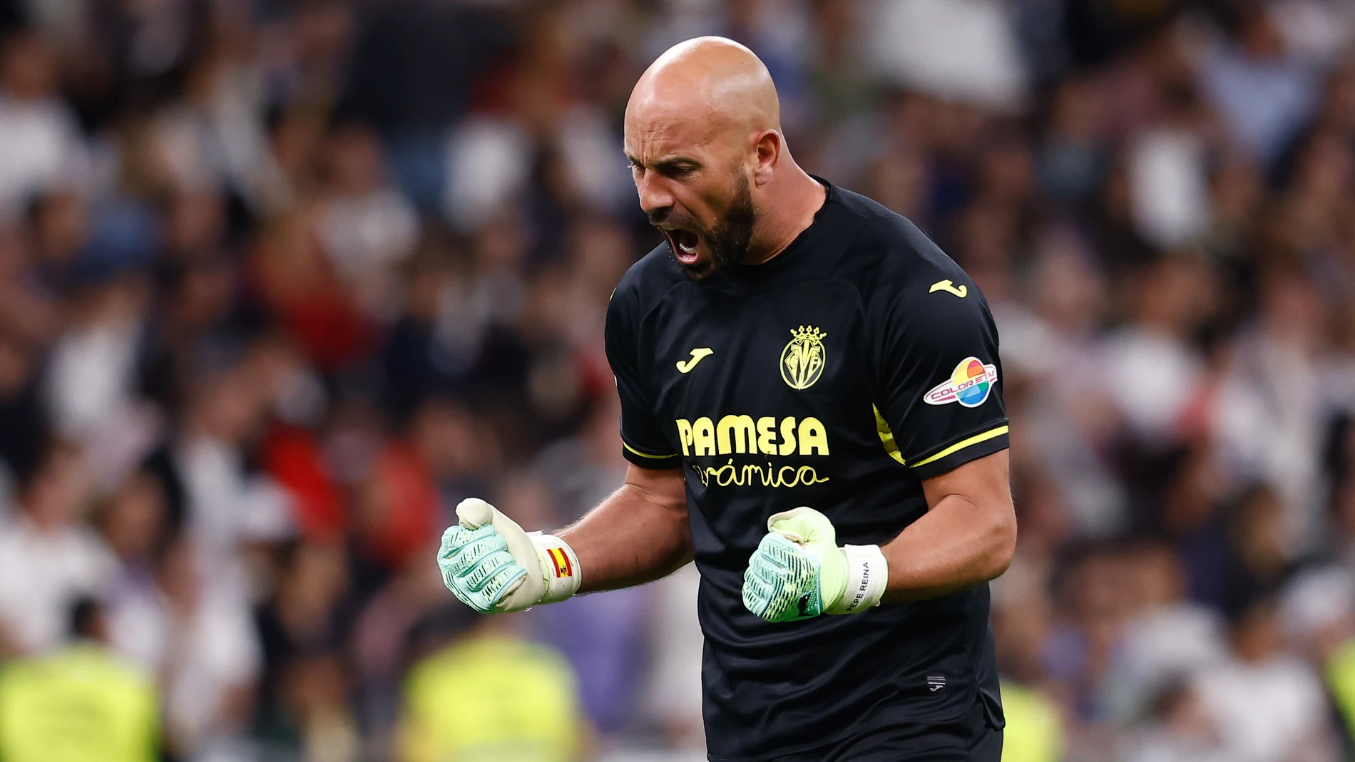 Pepe Reina of Villarreal celebrates a goal scored by Samuel Chukwueze during the Spanish League, La Liga Santander, football match played between Real Madrid and Villarreal CF at Santiago Bernabeu stadium on April 08, 2023, in Madrid, Spain. Oscar J. Barroso / Afp7 08/04/2023 ONLY FOR USE IN SPAIN